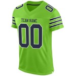 Maillot de football authentique vert fluo personnalisé en maille bleu marine et blanc Maillot de football authentique vert fluo personnalisé en maille bleu marine et blanc