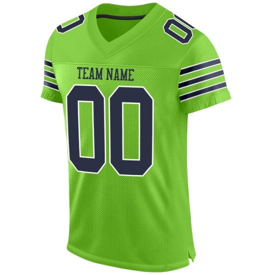 Maillot de football authentique vert fluo personnalisé en maille bleu marine et blanc Maillot de football authentique vert fluo personnalisé en maille bleu marine et blanc