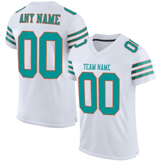 Maillot de football personnalisé blanc aqua-orange en maille authentique Maillot de football personnalisé blanc aqua-orange en maille authentique
