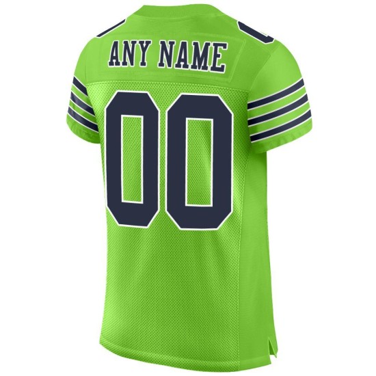 Maillot de football authentique vert fluo personnalisé en maille bleu marine et blanc Maillot de football authentique vert fluo personnalisé en maille bleu marine et blanc