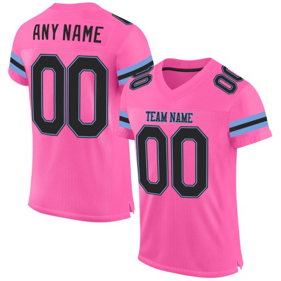 Maillot de football personnalisé en maille noir, bleu clair et rose authentique Maillot de football personnalisé en maille noir, bleu clair et rose authentique