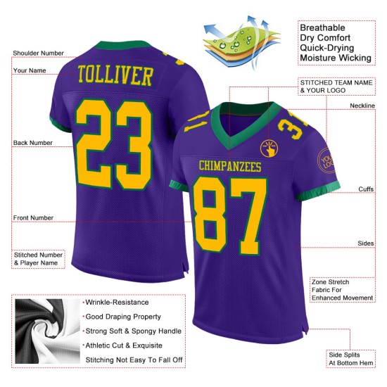 Maillot de football personnalisé violet en maille verte authentique Gold-Kelly Maillot de football personnalisé violet en maille verte authentique Gold-Kelly
