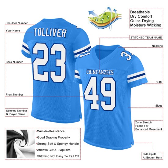 Maillot de football bleu en maille personnalisée, blanc-royal, poudre authentique Maillot de football bleu en maille personnalisée, blanc-royal, poudre authentique