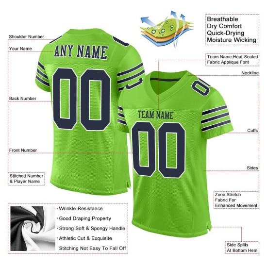 Maillot de football authentique vert fluo personnalisé en maille bleu marine et blanc Maillot de football authentique vert fluo personnalisé en maille bleu marine et blanc
