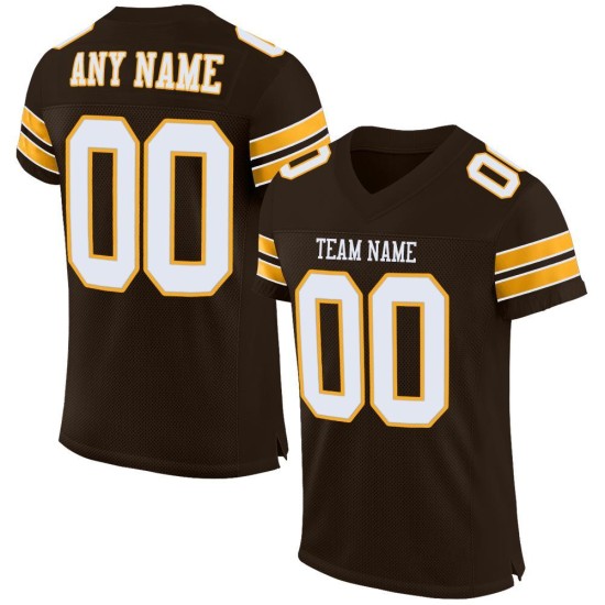 Maillot de football personnalisé authentique en maille marron, blanc et or Maillot de football personnalisé authentique en maille marron, blanc et or