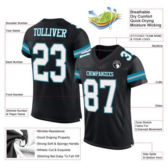 Maillot de football personnalisé authentique blanc-bleu sarcelle en maille noire Maillot de football personnalisé authentique blanc-bleu sarcelle en maille noire