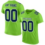 Maillot de football personnalisé en maille verte, bleu marine fluo et blanc, authentique Maillot de football personnalisé en maille verte, bleu marine fluo et blanc, authentique