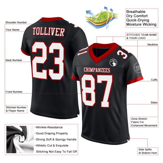 Maillot de football personnalisé blanc-rouge authentique en maille noire Maillot de football personnalisé blanc-rouge authentique en maille noire