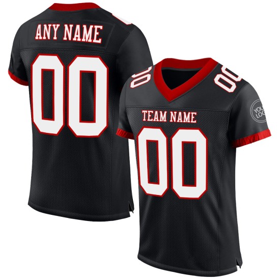 Maillot de football personnalisé blanc-rouge authentique en maille noire Maillot de football personnalisé blanc-rouge authentique en maille noire