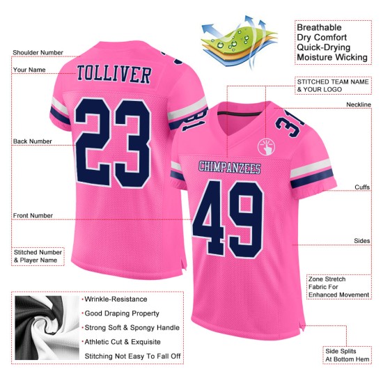 Maillot de football personnalisé en maille rose, bleu marine et blanc, authentique Maillot de football personnalisé en maille rose, bleu marine et blanc, authentique