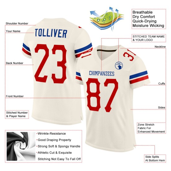 Maillot de football authentique en maille crème rouge-royal personnalisé Maillot de football authentique en maille crème rouge-royal personnalisé