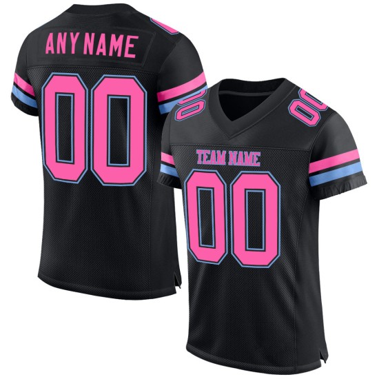 Maillot de football personnalisé bleu authentique en maille rose-noir clair Maillot de football personnalisé bleu authentique en maille rose-noir clair