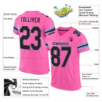 Maillot de football personnalisé en maille noir, bleu clair et rose authentique Maillot de football personnalisé en maille noir, bleu clair et rose authentique