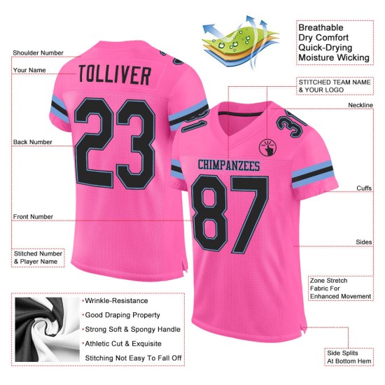 Maillot de football personnalisé en maille noir, bleu clair et rose authentique Maillot de football personnalisé en maille noir, bleu clair et rose authentique