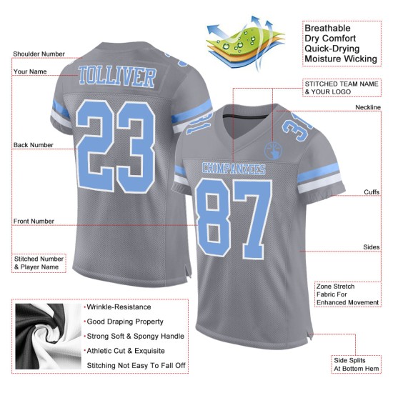 Maillot de football bleu-blanc authentique en maille personnalisée gris clair Maillot de football bleu-blanc authentique en maille personnalisée gris clair
