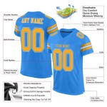 Maillot de football bleu personnalisé en maille poudre or-blanc authentique Maillot de football bleu personnalisé en maille poudre or-blanc authentique