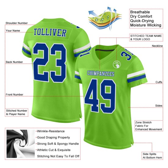 Maillot de football personnalisé authentique néon vert en maille bleu royal-blanc Maillot de football personnalisé authentique néon vert en maille bleu royal-blanc