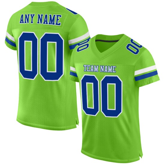 Maillot de football personnalisé authentique néon vert en maille bleu royal-blanc Maillot de football personnalisé authentique néon vert en maille bleu royal-blanc