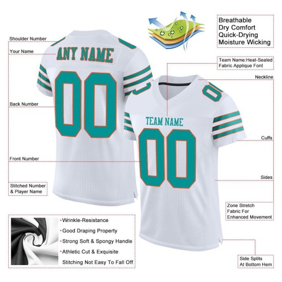 Maillot de football personnalisé blanc aqua-orange en maille authentique Maillot de football personnalisé blanc aqua-orange en maille authentique