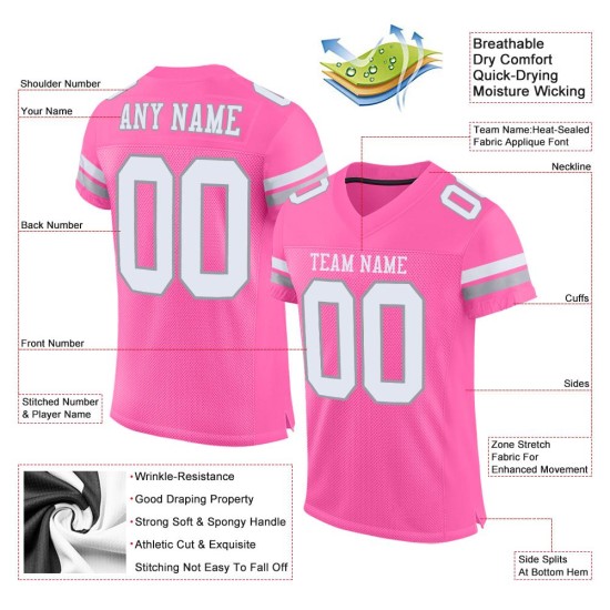 Maillot de football personnalisé en maille rose authentique blanc-gris clair Maillot de football personnalisé en maille rose authentique blanc-gris clair