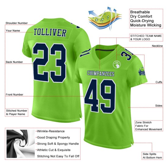 Maillot de football personnalisé en maille verte, bleu marine fluo et blanc, authentique Maillot de football personnalisé en maille verte, bleu marine fluo et blanc, authentique