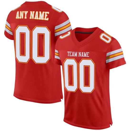 Maillot de football personnalisé authentique en maille écarlate blanc-or Maillot de football personnalisé authentique en maille écarlate blanc-or