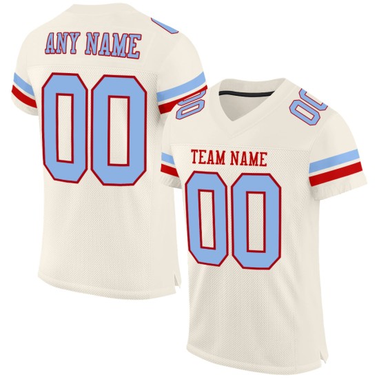 Maillot de football en maille crème clair personnalisé authentique bleu-rouge Maillot de football en maille crème clair personnalisé authentique bleu-rouge