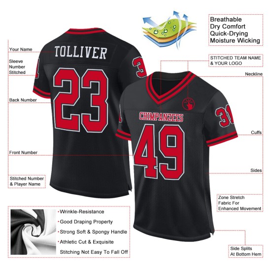 Maillot de football rétro authentique en maille noire rouge et blanche, personnalisé Maillot de football rétro authentique en maille noire rouge et blanche, personnalisé