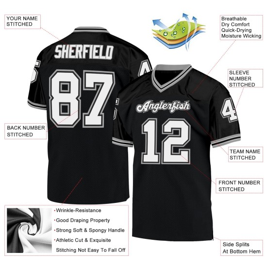 Maillot de football rétro en maille noire, personnalisé, authentique, blanc-gris Maillot de football rétro en maille noire, personnalisé, authentique, blanc-gris